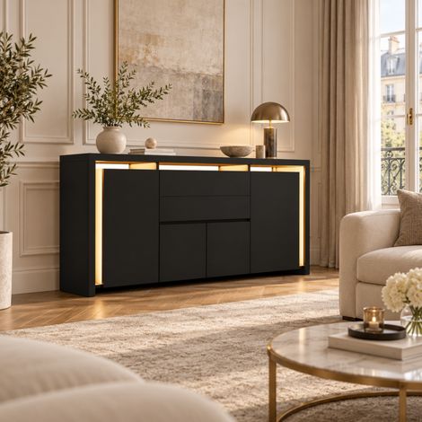 Buffet de rangement 160 x 35 x 75 cm, Meuble tv à 4 portes et 2 tirtors, Console TV avec Réglable LED, Armoire bas tv, Table Télé, noir, pour Salon, Chambre (1/5)