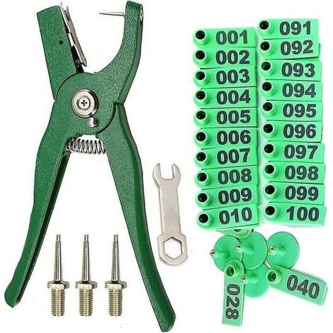 Pince pour étiquettes d'oreille pour animaux d'élevage, avec étiquettes d'oreille numérotées de 001 à 100 (1/3)