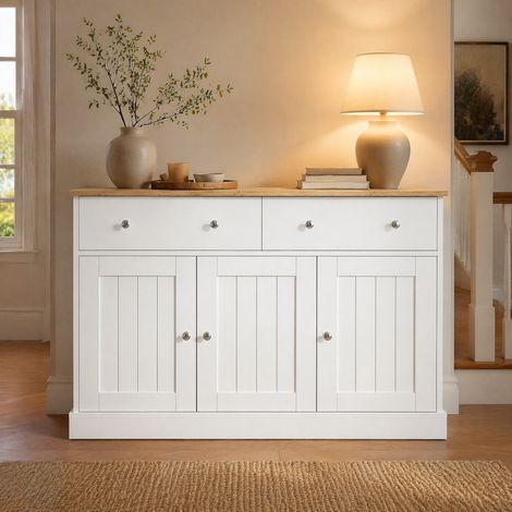 Aparador 120 x 36 x 80,5 cm con 3 puertas, 2 cajones y textura en relieve blanco y madera HAVRYA (1/5)