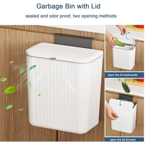 Composteur de Cuisine 2.4 Gallons Suspendu avec Couvercle - Poubelle Murale Comptoir Sous Évier Salle de Bain Blanc (1/5)