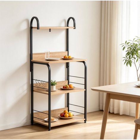 Étagère de cuisine multifonction avec crochets, 4 niveaux, métal et aggloméré OKWISH (1/5)