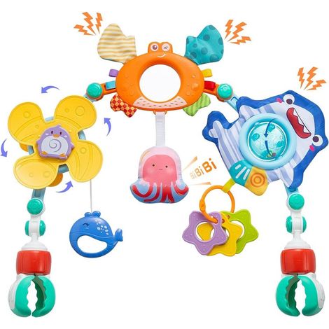 Arche D'activités Articulée pour Bébés et Tout-Petits,Jouets de Landau,Arche de Poussette,Arche d'Éveil pour Poussette avec Moulin à Vent,Hochet, Jouets Ajustables, pour transats, Jouet de Landau (1/5)
