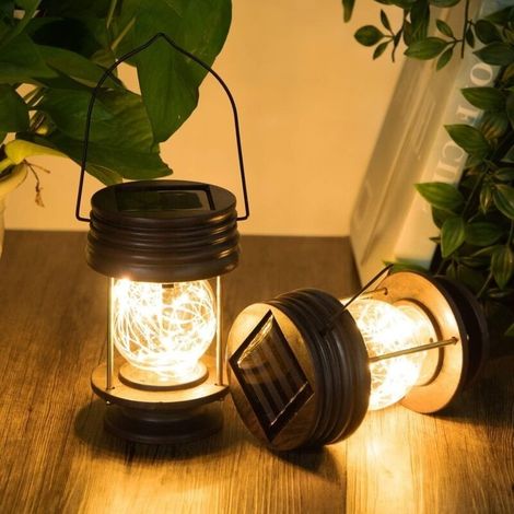 Lanterne portative,Lot de 2 lanternes solaires suspendre pour jardin, lampe de table LED vintage avec poigne pour alle, cour, terrasse, dcoration d'arbre, plage, pavillon (lumire chaude) (1/5)