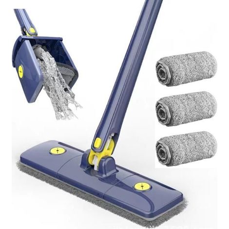 KLVGTIFS PU - Balai Plat Serpillere Rotation à 360°Réglable Microfibre Balai Lave Sol Pressage d'eau Automatique avec 3 tête de Remplacement,Blue (1/4)