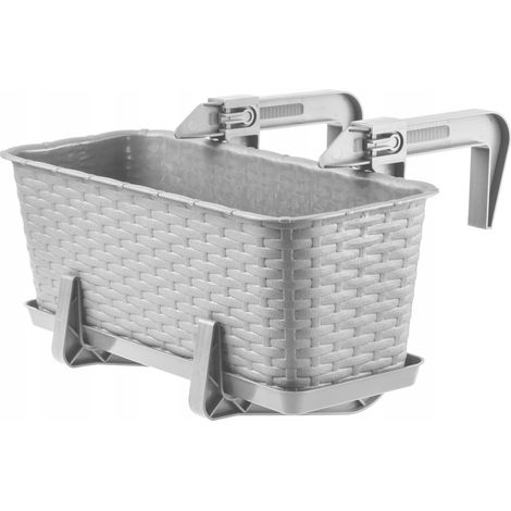 KADAX Macetero colgante para exterior, 40 cm, balcón de plástico con aspecto de ratán, soportes de montaje integrados y platillo (gris) (1/5)