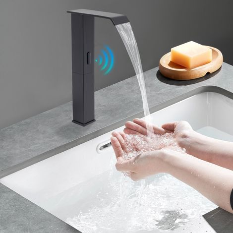 YISSALE-Robinet sans contact pour lavabo, noir, avec capteur de mouvement, robinets sanitaires sans contact, alimenté par batterie ou par courant électrique, robinet électronique avec capteur (1/5)