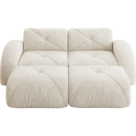 Canapé modulaire 2 places blanc avec 2 poufs en chenille sans cadre (1/5)