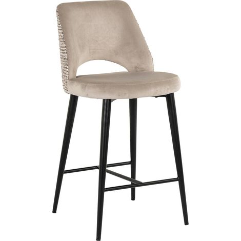 Tabouret de bar design velours nature et dossier khaki élégant - Velours beige nature et khaki (1/5)