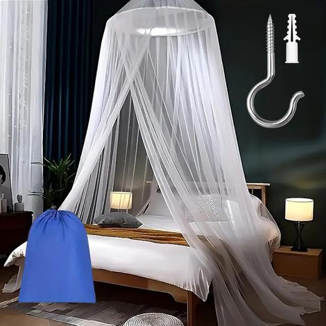 Moustiquaire Lit Ciel De Lit 60 x 250 x 1100cm Moustiquaire Voyage avec Crochets et Sac de Rangement pour Les Voyages et la Maison, Intérieur/Extérieur (Blanc) (1/5)
