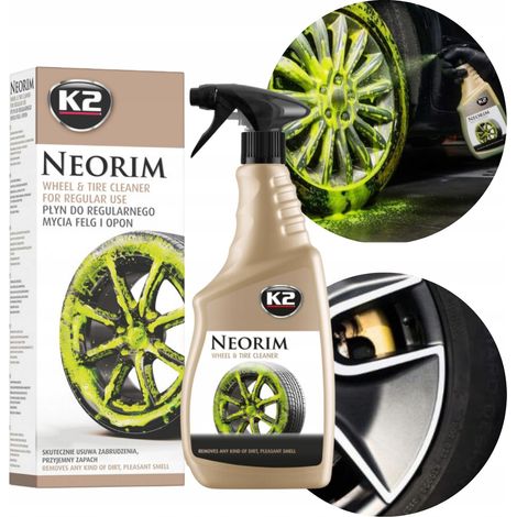 Limpiador alcalino para ruedas y neumáticos K2 neorim 700ml neón + cepillo + cepillos