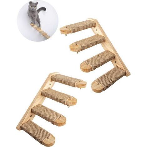 Wandmontiertes Katzenregal, vierstufige Treppe mit Kratzbaum aus Jute, Sitzstange und Plattform (universell für links- und rechtshändige Katzen) (1/5)