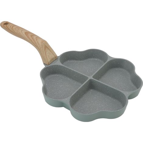 Poêle à œufs antiadhésive en forme de cœur, 4 empreintes, chauffe uniforme, idéale pour petit-déjeuner, poignée ergonomique, vert. (1/5)