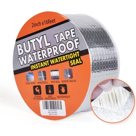 Butyl Sealing Tape, Super Waterproof Self Adhesive For Roof Leak, Pipe Crack, Facades, Hole, Silver, 2 Inch x16 Feet (1/5)