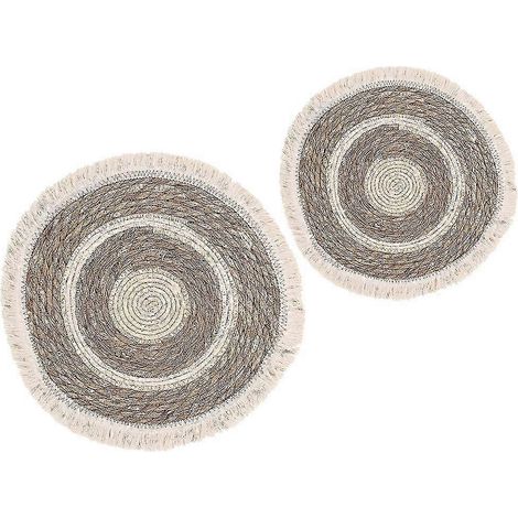 Dessous de verre rond tissé pour table à manger, lot de 2, corde en coton et herbe. (1/5)