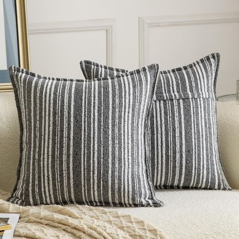 Lot de 2 Housses de coussin, rayées, bouclées, fermeture éclair invisible, salon chambre, 45x45 cm (1/5)