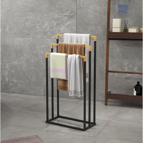 Porta asciugamani da terra a 3 barre in acciaio e bambù, nero, 45 x 22,5 x 86 cm HAVRYA (1/5)