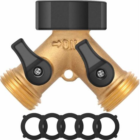 RegeMoudal Hose Splitter 2 Way Garden Hose Splitter, Y Connector Solid Brass Garden Hose Adapter Solid Brass Hose Splitter 2 Valves with 5 Rubber Washers (1/5)