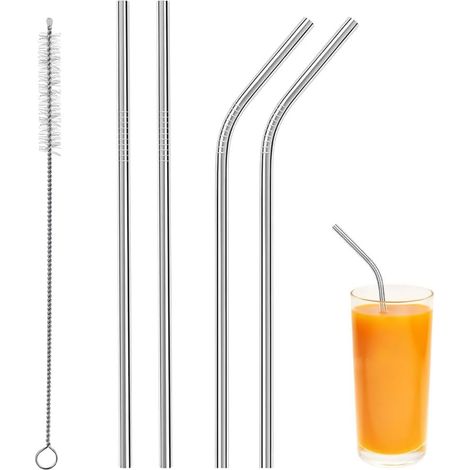 Herbruikbaar roestvrijstalen rietje, 4 Stuks (2 recht + 2 gebogen), 21,5 cm, zum Trinken mit 1 Borste, für Cocktails, Melk, Smoothie, Cocktails (1/5)