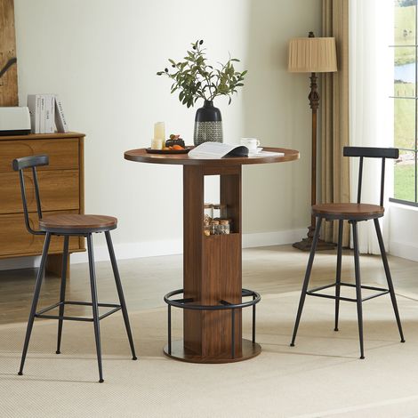 Set da bar composto da 3 pezzi: tavolo rotondo da 80 cm e 2 sgabelli, vani portaoggetti integrati, in legno di noce e metallo (1/5)