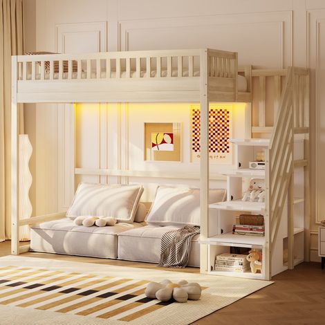 Lit Mezzanine 90x200cm - Escalier de Rangement Réversible - Barrières de Sécurité - Éclairage LED - Bois Massif Pin Naturel (1/5)