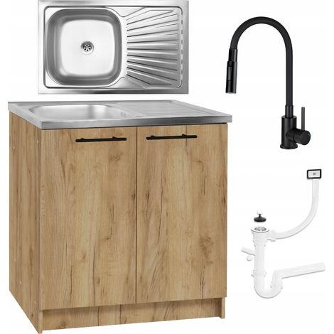 STAMAR  Küchenschrank - 80x50 cm - Eiche gold - Inox Spülbecken - flexibler Wasserhahn 2-in-1