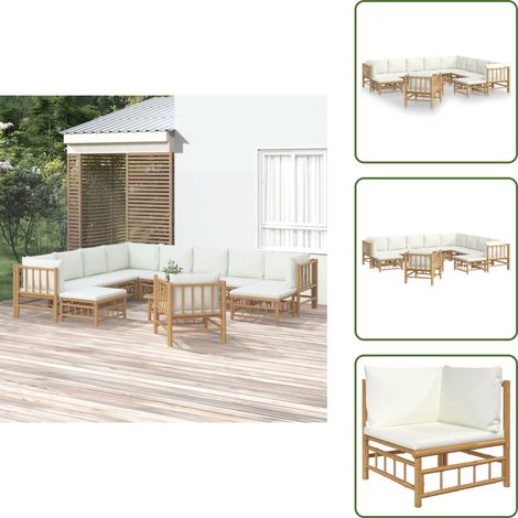 12-tlg. Garten-Lounge-Set mit Cremeweißen Kissen Bambus - Bambus Möbel - Gartenloungeset - Outdoor Möbel - Esstisch - Wohnzimmergarnitur (1/5)
