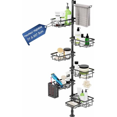 Etagère Douche Telescopique Étagère salle de bain Sans Percage Hauteur réglable 77.5 - 307.5cm Avec Paniers, Avec porte-serviette (1/5)