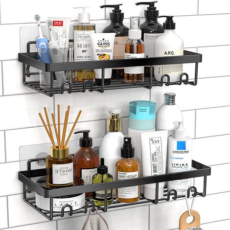 Panier d'étagères de salle de bain noir auto-adhésif, accessoires de rangement et d'organisation pour l'intérieur de la salle de bain, accessoires pour le camping-car, Essentiels pour le premier appar (1/4)