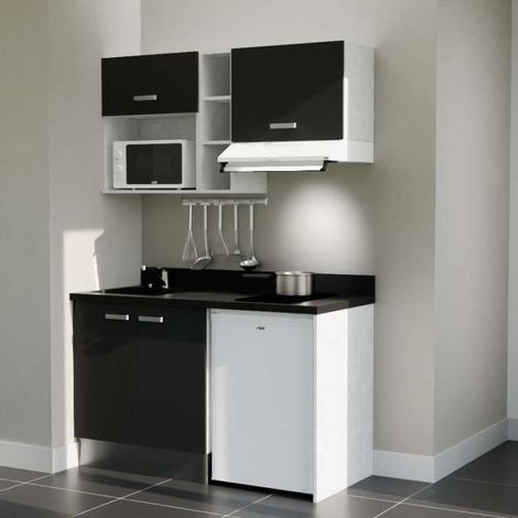 Kitchenette K13L - 140 cm - plan monobloc évier intégré Nero- évier à gauche - Façades Noir + Electroménager inclus coloris Blanc