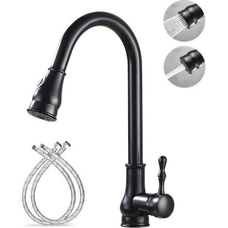 Retro kitchen faucet with pull-out spray head, 360° swivel, brass, black finish and dual-mode spout (1/4)