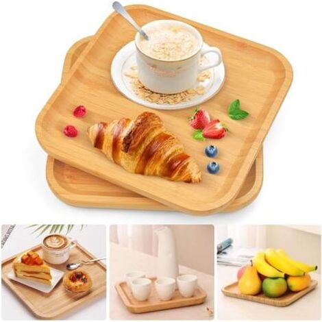2 PCS Plateau en Bambou Carré 20 20cm Soucoupes Bois de Rangement Plateau de Service en Bambou Plateau Repas en Bois pour Fruits Steak, Nourriture, Pots, Plantes, Repas, Café, Pain(Carré)dengyank (1/5)