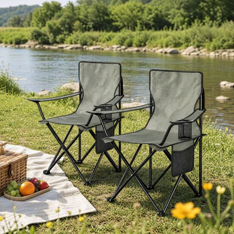 Sillas de camping plegables con portavasos, lote de 2, gris oscuro DESVIAE (1/5)