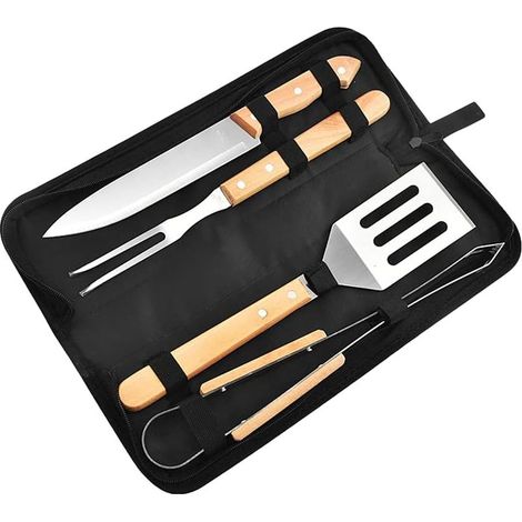 Grillbesteck, 4-teiliges Grillbesteck-Set aus Edelstahl, Grillzubehör, Grillwerkzeug-Set mit Holzgriff und Tragetasche, Geschenk für Männer (1/5)