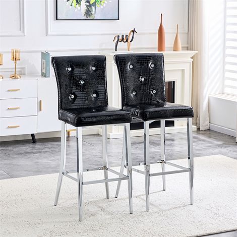 Lot de 2 tabourets de bar - 54x43.2x114.3 cm - Chaise haute de cuisine îlot moderne dossier capitonné boutons cristal - Noir (1/5)