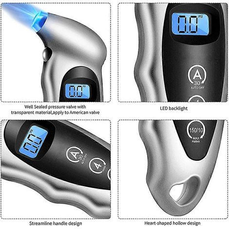 Manomètre numérique de pression des pneus de voiture, camion et moto, avec écran LCD, couleur argent. (1/5)