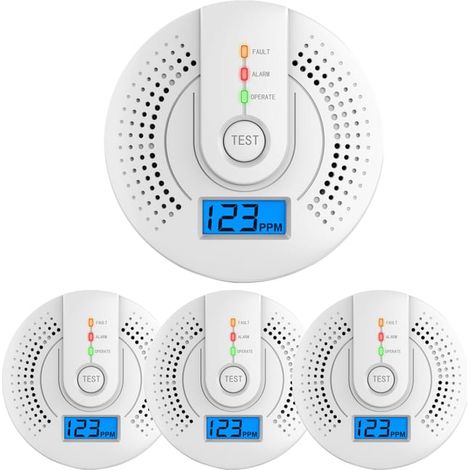 4 détecteurs de monoxyde de carbone, modèle domestique à piles pour intérieur, détecteur de CO pour gaz bitumineux à structure alvéolaire (piles non incluses),Détecteur monoxyde de carbone (1/5)