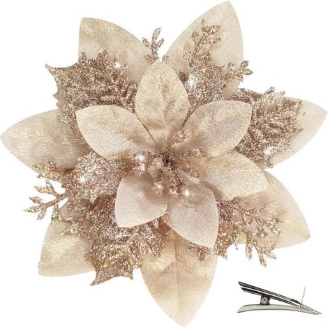 Fleurs de Noël Artificielles - 20 Pièces - Champagne - Avec Clip - Décoration Sapin (1/4)
