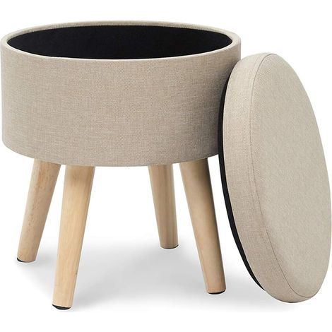 MINKUROW Pouf Poggiapiedi Rotondo Sgabello Pouf Contenitore Sgabelli In Tessuto Di Lino Con Coperchio Basso Design Soggiorno Gambe In Legno Massello Beige (1/5)