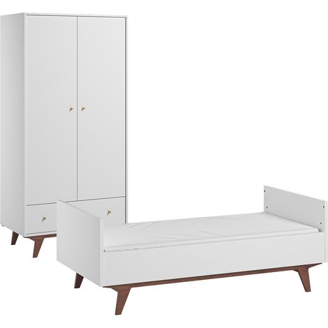 Mitwachsendes Babybett 70x140 und Schrank 2 Türen 1 Schublade Vox Mid - Weiß und Holz