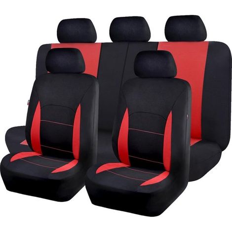 Fundas para asientos de coche Flying Banner, tejido plano de ajuste universal, juego completo compatible con airbag, negro y rojo. (1/5)