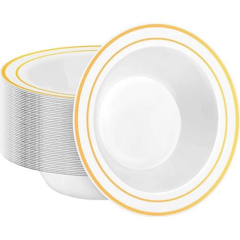 Lot de 30 bols jetables en plastique, bols à salade de 35 cl avec bord doré, bols à céréales pour desserts, mariages et traiteurs. (1/5)