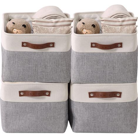 paniers de rangement pliables en tissu cationique robuste et pliable avec poignées pour étagère pour chambre d'enfant ou penderie (Gris et blanc, Large - 4 Pack) (1/5)