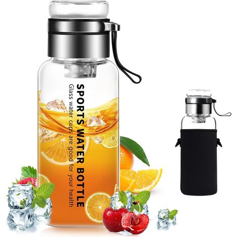 Mymanjerfu Glasflasche 1L Wasserflasche mit Neoprenhuelle Sieb (1/5)