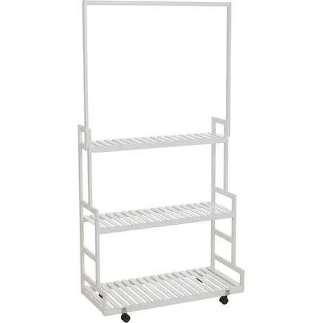 Bambus Pflanzenregal HHG-376, Blumentreppe Blumenständer Pflanzentreppe, Stange 3 Ablagen Rollen 175x93x38cm weiß