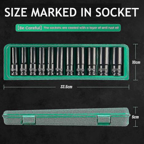 Coffret de douilles à impact profondes, 10 douilles 1/2 pouce (8-24 mm) et boîte de rangement avec rallonge pour douilles de vissage - ya (1/4)