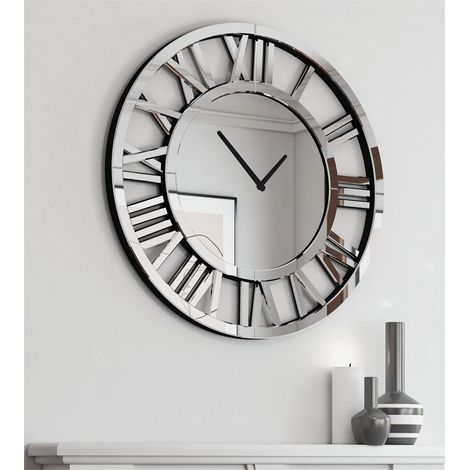 Horloge murale ronde en acrylique miroir – Grand format moderne et élégant – Chiffres romains – Pour salon ou chambre