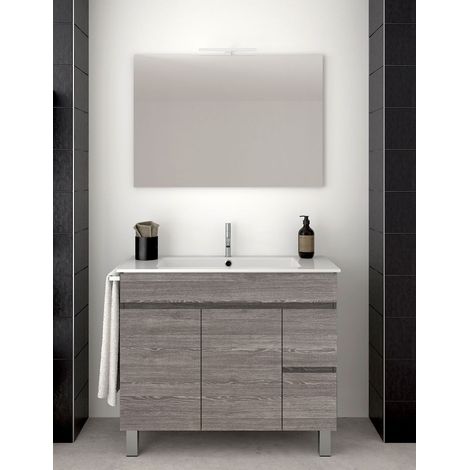 Conjunto de Baño Isquia 2 cajones y dos puertas - 7 colores distintos -15 medidas - incluye mueble, lavabo y espejo - Roble Smoky 90 x 45 cm seno desplazado a izquierda (1/3)