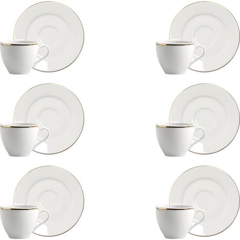 Excelsa Gold Set 6 Tazzine caffè con Piattino, Porcellana, Bianco. Bordo Oro