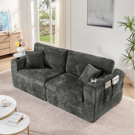 Canapé relax 2 places noir en chenille avec ports USB, porte-gobelets et poche latérale (1/5)