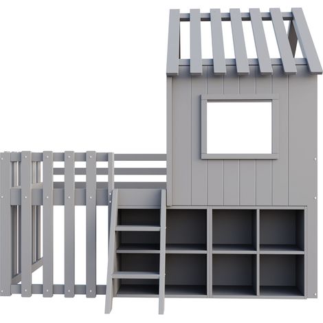 GagaGagaLit cabane enfant 90x200 gris, toit, fenêtre, rangement (1/5)